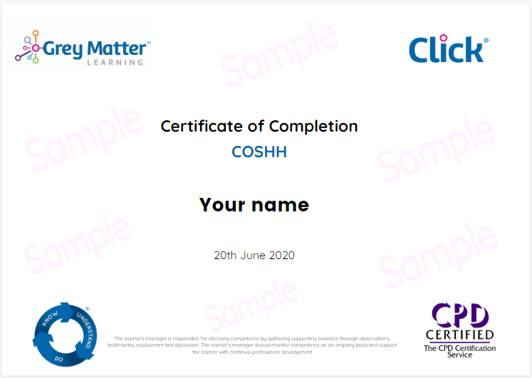 COSHH - substances hazardous to health Course Certificate Example | eLearning