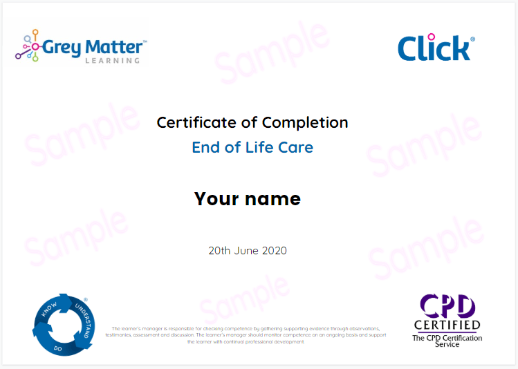 Sample Certificate on End of Life Care Course for Social Care Providers and Individual Carers | eLearning Training