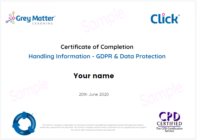 GDPR and Data Protection Certificate Example | Social Care Courses