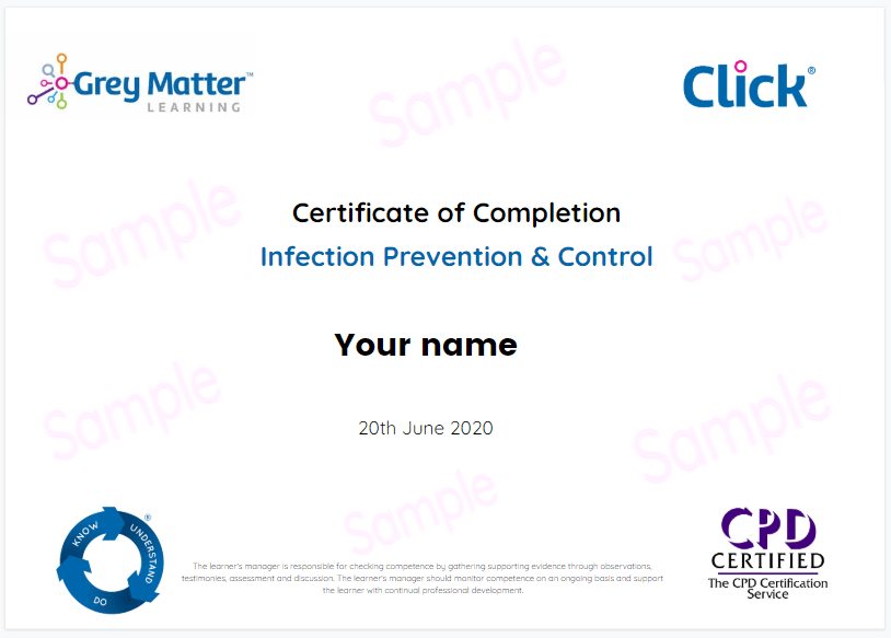 Certificate Sample for Infection Prevention & Control Course for Social Care Training | GML