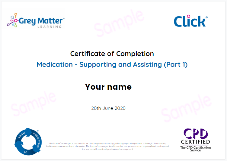 Medication - Supporting and Assisting Couse Certificate Example | GML eLearning