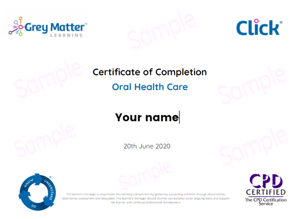 Certificate for Social Care Company Training for Oral Health Care | Care Certificate eLearning