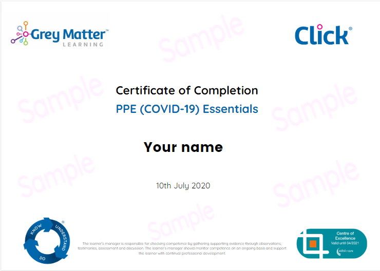 Sample Certificate for PPE (COVID-19) Essentials Training Course for Social Care Providers | eLearning