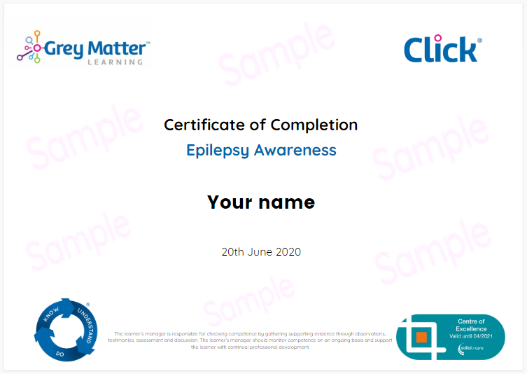 Sample Certificate on Epilepsy Awareness Course for Social Care Companies and Individual Carers