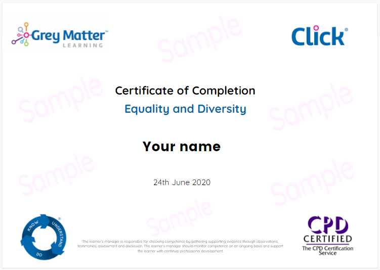 Equality and Diversity Course Certificate Example | Social Care eLearning
