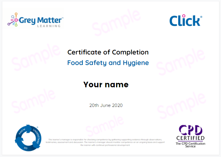 Certificate for Food Safety and Hygiene Training Course for Social Care Companies
