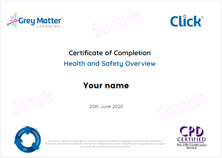 Health and Safety Certificate Example | Social Care Courses